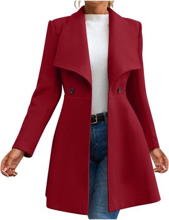 Generic Women Wool Blend Coat Slim Fit Elegant Trench Coats Ladies Windproof Jackets Open Front Cardigans with 2 Buttons Lapel Warm Winter Jacket, Solid Color