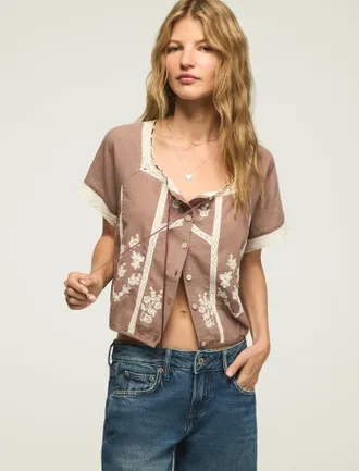 Lucky Brand Womens Short Sleeve Embroidered Lace Top