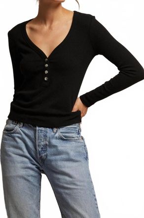 perfectwhitetee Evangeline Rib Long Sleeve V-Neck Sweater In True Black