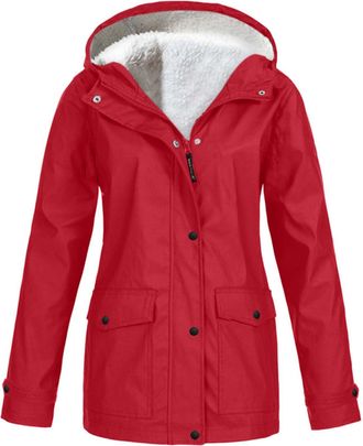 Generic Fleece Lined Waterproof Coat Women, Fleece Lined Hooded Rain Coat Winter Warm Outdoor Raincoat with Pockets for Hiking Walking, Ladies Casual Long Sle