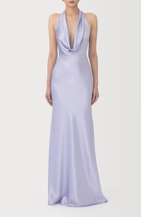 Sau Lee Pearl Cowl Halter Neck Satin Gown in Dusty Lavender at Nordstrom, Size 12