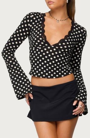 Edikted Lacey Polka Dot Long Sleeve Crop Top in Black-And-White at Nordstrom, Size X-Small