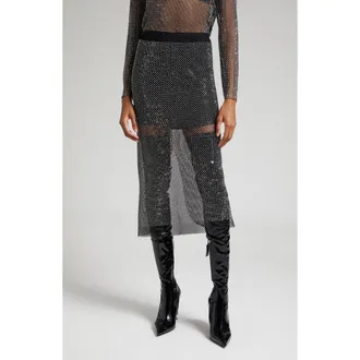 Gestuz Yadegz Crystal Embellished Mesh Midi Skirt in Silver Glitter at Nordstrom Rack, Size 10 Us / 42 Eu