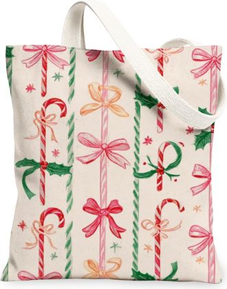 Generic Christmas Candy Cane Canvas Tote Bags, Holiday Bow Pattern Reusable Grocery Bags, Vintage Lightweight Washable Shoulder Str, Cream, 13x15 Inch