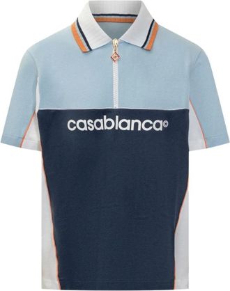 Casablanca Tops, Heren, Blauw, S, Kleur Blok Polo Shirt Rits Sluiting