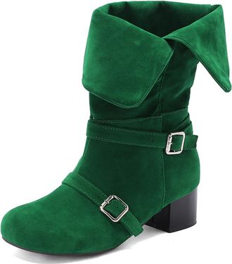 Generic Womens Retro Mid-Calf Boots with Fold-Over Collar Double Buckle Straps Low Block Heels Suede-Like Comfortable Anti-Slip Wear-Resistant for Daily Stree