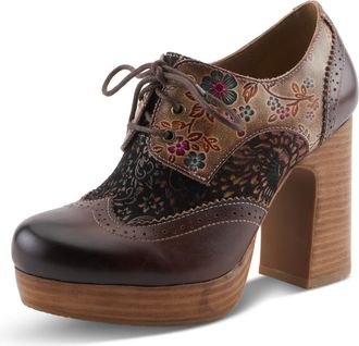 L'Artiste by Spring Step Tothemax Platform Oxfords | Baroque-Inspired Leather Lace-Ups with Floral Embossing, Chocolate Multi, 9.5-10