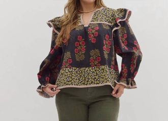 Entro Floral Long Sleeve Top In Black/ Red