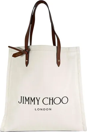 Jimmy Choo London Brown White Canvas Leather Tote Bag (Pre-Owned)