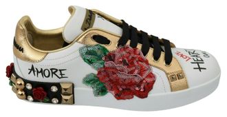 Dolce & Gabbana Sequined Floral Leather Sneaker - White