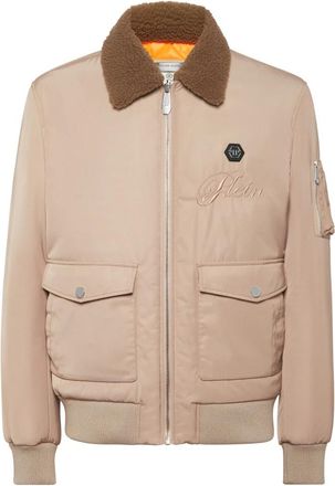 Philipp Plein Nylon Aviator Jacket met Shearling Kraag - Heren - Winterjassen - Beige - L - Nylon - Jassen