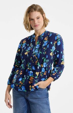 Lands End Plus Size Lightweight Jersey Button Pintuck Top in Navy/tossed Poppy Floral at Nordstrom, Size 3X