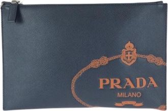 Prada Pre-owned Clutches, male, Blue, Size: ONE SIZE Pre-owned Saffiano Leather Clutch Bag