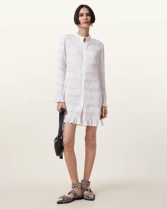 AllSaints Womens Polyester Meg Shirred Mini Shirt Dress, Size: UK 14/US 10