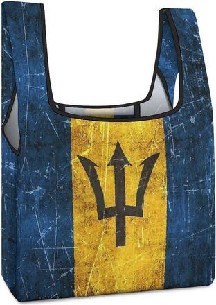 Generic Vintage Aged And Scratched Barbados Flag Reusable Grocery Bags Shopping Large Capacity Washable Foldable Tote Bag Fits in Pocket