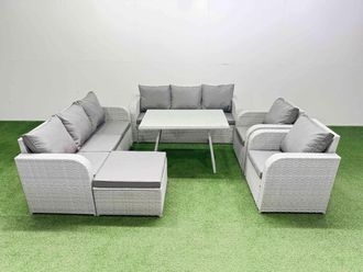Fimous Rattan High Back Lounge Sofa Set with Reclining Chairs Big Stool in Light Grey