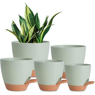 OEM Juego De 5 Macetas De Pl&aacute;stico Con Sistema De Autorriego Y Orificios De Drenaje, 7/6.5/6/5.5/5 Pulgadas, Color Verde -crezuo