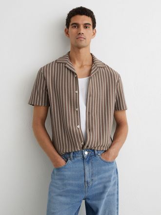 Reiss Brown & ecru Textured-stripe Cuban-collar Shirt Cotton-blend, Xxl