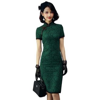 Generic Vintage Cheongsam Costume Traditional Mandarin Collar Side Slit Slim Fit Chinese New Year Party Maxi Midi Dress, 41 Green, M
