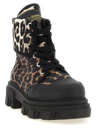 Ganni Leopard Print Cotton Denim Boot - Black