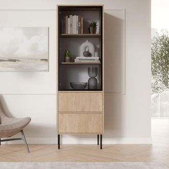 Dmora Vitrina Zanica, Mueble Expositor 2 Estantes, 2 Cajones, 1 Puerta, 60x40x185h Cm Marr&oacute;n Roble