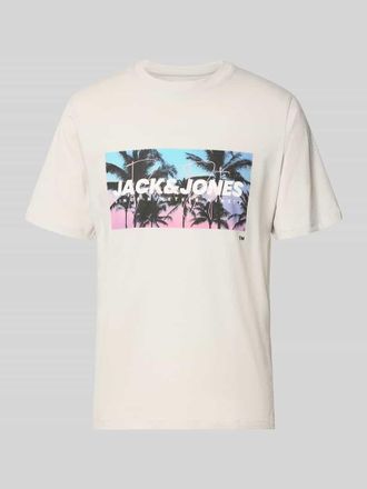 Jack & Jones Jack & Jones T-Shirt mit Label-Print Modell INDIANA in Stein, Gr&ouml;&szlig;e XXL