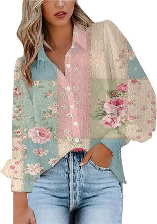 Generic Blouses for Women Puff Long Sleeve V Neck Collared Button Down Shirt Ladies Vintage Floral Print Fashion Tops(Mint Green, XXXL)