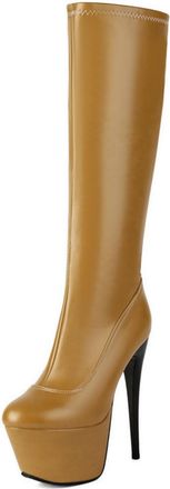 Generic Womens Sexy High Heel Platform Long Boots Round Toe Knee High Boots PU Leather Party Prom Shoes with Side Zipper,Khaki,6.5 UK