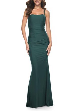 La Femme Simple Ruched Jersey Dress with Lace Up Back in Emerald at Nordstrom, Size 14