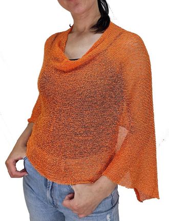 Mimosa Ladies Plain Stretch Lace Fish Net Bali Crochet Batwing Small Poncho (One Size, Orange/Gold)