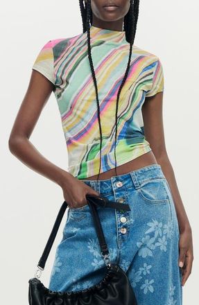 Desigual Stripe T-Shirt in Water Green at Nordstrom, Size X-Small
