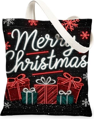 Generic Christmas Presents Canvas Tote Bags, Holiday Gift Pattern Reusable Grocery Bags, Winter Retro Washable Shoulder Strap, Black, 13x15 Inch