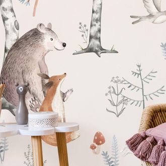 OEM Carta Da Parati Fotografica - Paesaggio Boschivo Con Animali Dipinti Ad Acquerello