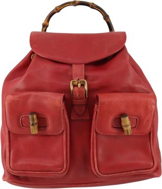 Gucci Vintage Bamboo Backpack Leather Red Leather Backpack Bag (Pre-Owned)