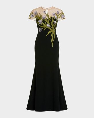 Mac Duggal Petite Floral-Embroidered Illusion-Neck Gown