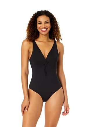 Anne Cole Womens Live In Color Solid Plunge Twist One Piece Swimsuit in Black at Nordstrom, Size 14