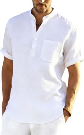 Generic Mens Linen Shirts Short Sleeve Summer Beach Hawaiian Shirts with Pockets Grandad Collar Collarless Henley Tshirts Men UK Button V Neck Cotton Linen To