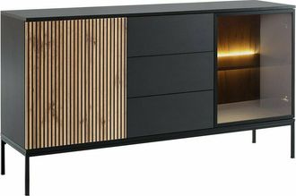 Mirjan24 C&oacute;moda Manal, Negro + Roble Wotan, Con Cajones Y Puertas, N&uacute;mero De Cajones: 3, 83x154x39cm, Led