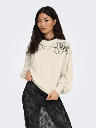 Only Sweatshirt ONLY ONLBROOKE L/S O-NECK DETAIL SWT NOOS, Damen, Gr. XS, schwarz (birch detail:schwarz draw flower), Sweatware, Obermaterial: 60% Baumwoll