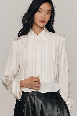 Maeve Silky Long-Sleeve Pleated Blouse