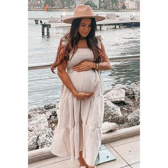 Pinkblush Bow Strap Tiered Midi Dress in Beige at Nordstrom, Size Medium