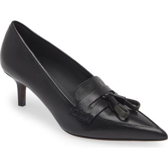 Brunello Cucinelli Monili Tassel Kitten Heel Pump in C101 Nero at Nordstrom, Size 6Us