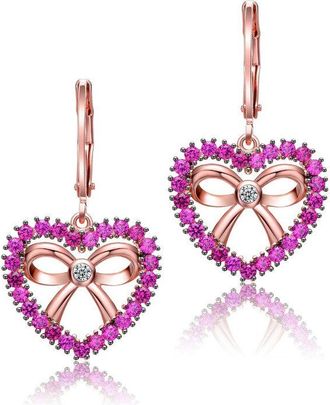 Rachel Glauber 18k Rose Gold Plated Heart Dangle Earrings with Clear and Ruby Cubic Zirconia