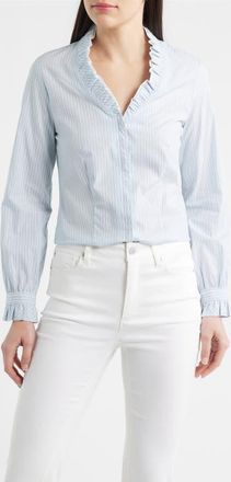 Anne Klein Ruffle Detail Stripe Cotton Button-Up Shirt in Blue Wash Multi at Nordstrom, Size Xx-Small