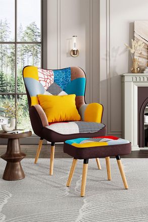 H&O Direct Patchwork Upholstered Wingback Armchair with Footrest & Cushion
