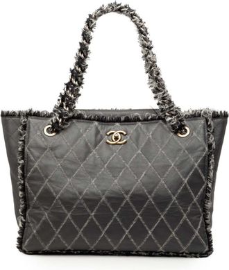 Chanel Black Gray Tweed Leather Tote Bag (Pre-Owned)