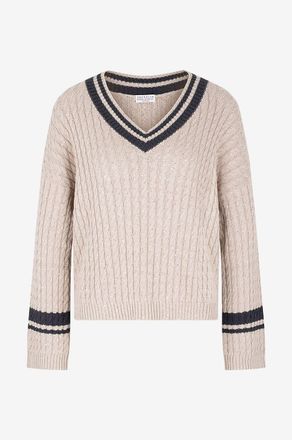 Brunello Cucinelli Zopfstrick-Baumwollpullover mit Pailletten und gestreiftem V-Ausschnitt