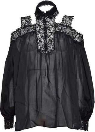 Ermanno Scervino Black Silk Blouse With Floral Lace Inserts