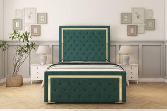 Sloomy Sofia Gold Plush Bed Frame With 50 Upholstered Headboard in Emerald | Size: King