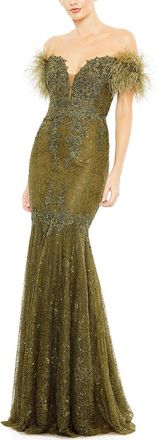 Mac Duggal Feathered Crystal Embellished Mermaid Gown